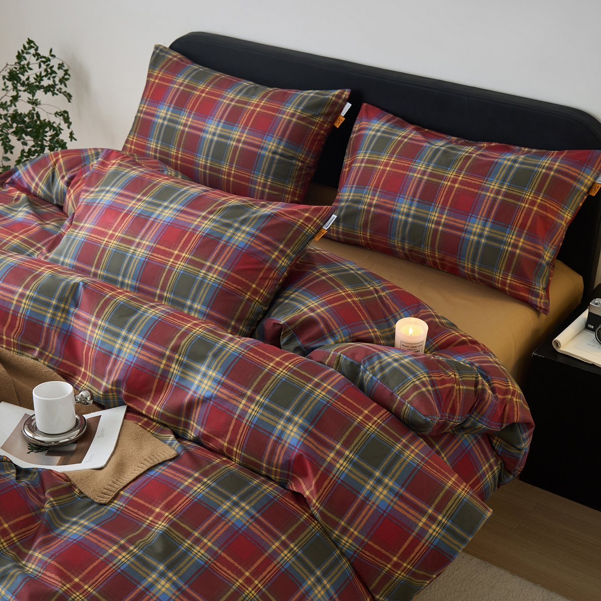 91家纺网 家纺一手货源 找家纺 女子家纺 2026新款全棉13070简约格子系列四件套 英伦-炽焰红