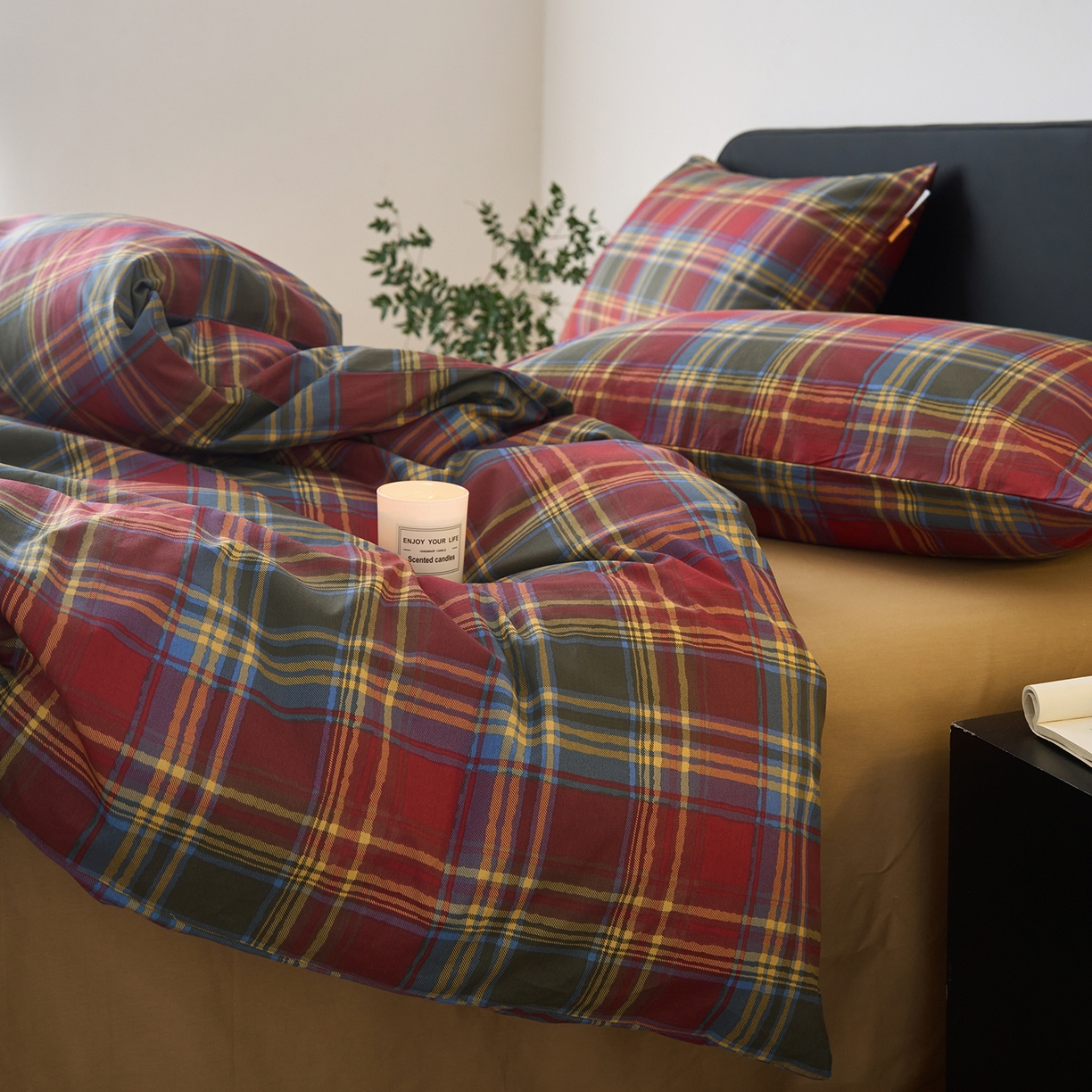 91家纺网 家纺一手货源 找家纺 女子家纺 2026新款全棉13070简约格子系列四件套 英伦-炽焰红