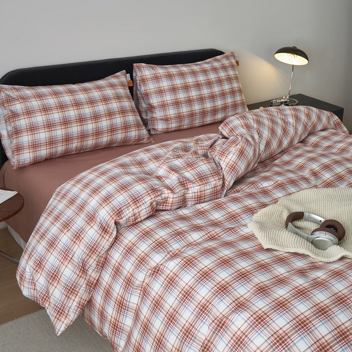 91家纺网 家纺一手货源 找家纺 女子家纺 2026新款全棉13070简约格子系列四件套 英伦-焦糖