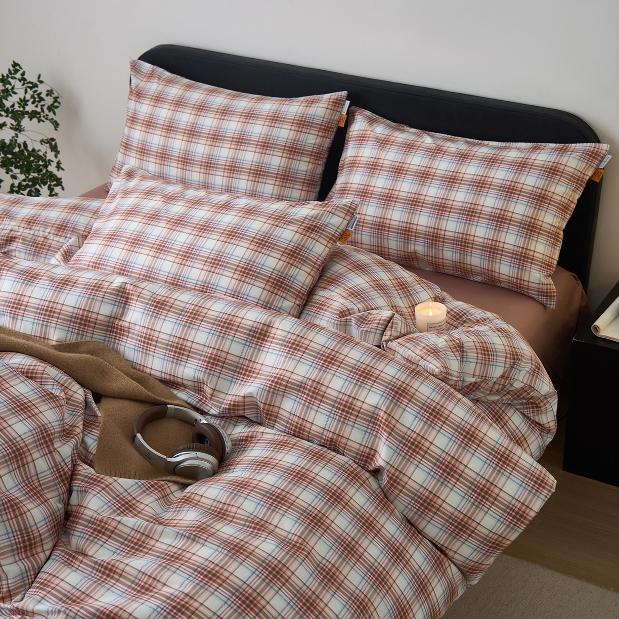 91家纺网 家纺一手货源 找家纺 女子家纺 2026新款全棉13070简约格子系列四件套 英伦-焦糖