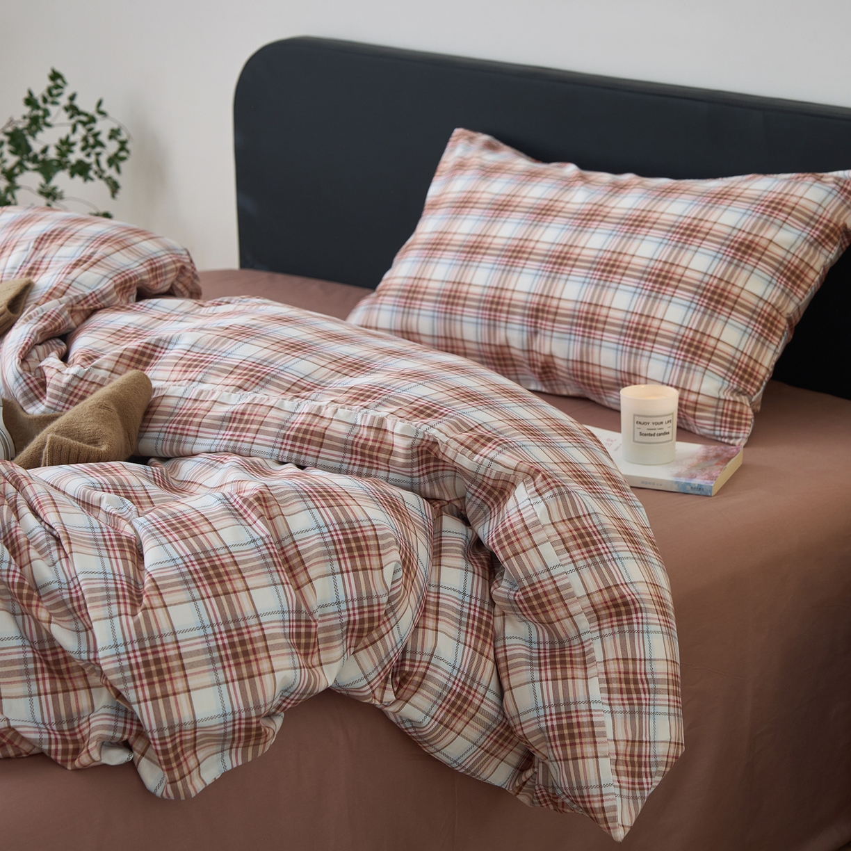 91家纺网 家纺一手货源 找家纺 女子家纺 2026新款全棉13070简约格子系列四件套 英伦-焦糖