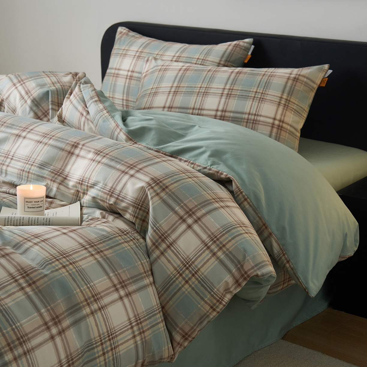 91家纺网 家纺一手货源 找家纺 女子家纺 2026新款全棉13070简约格子系列四件套 英伦-蓝咖