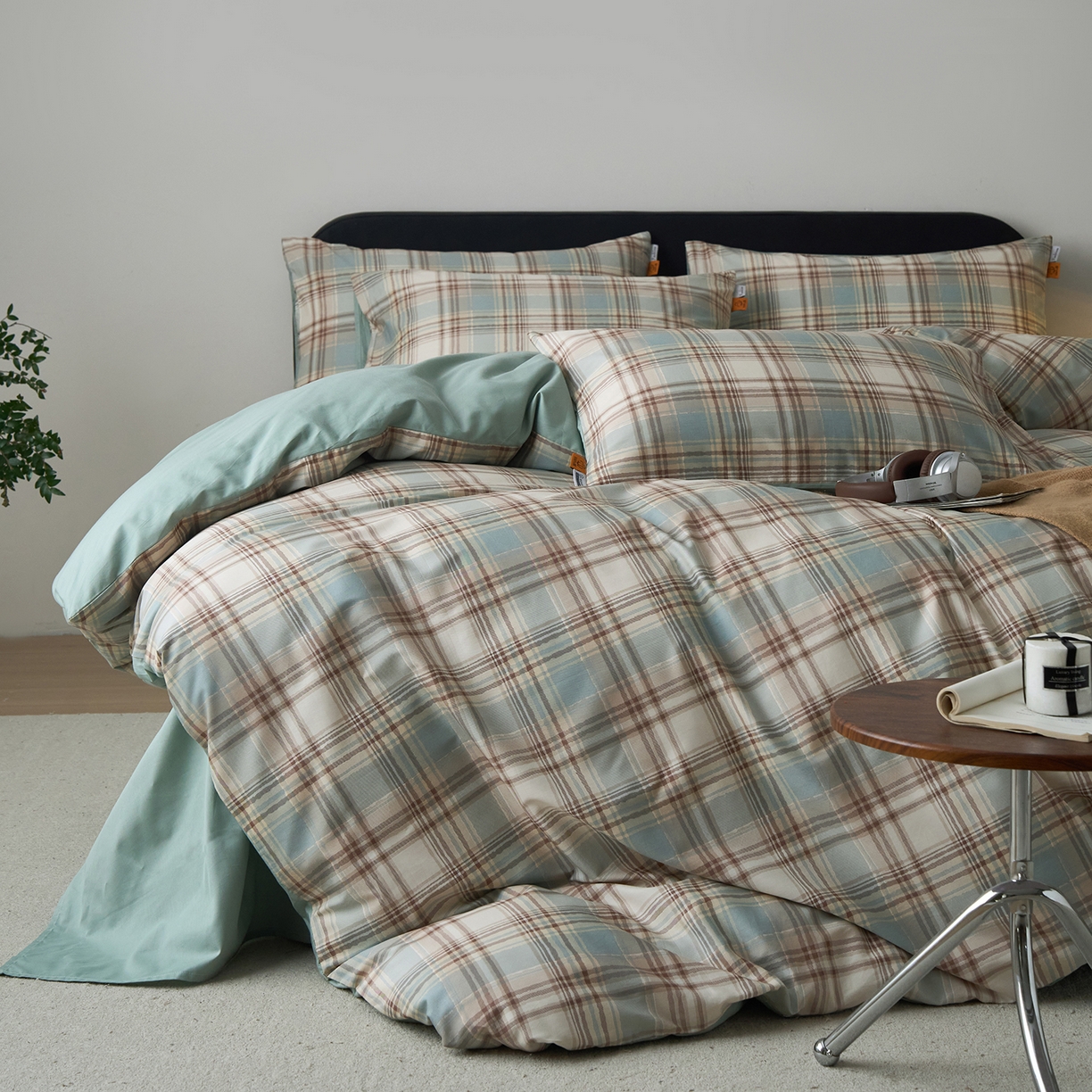 91家纺网 家纺一手货源 找家纺 女子家纺 2026新款全棉13070简约格子系列四件套 英伦-蓝咖