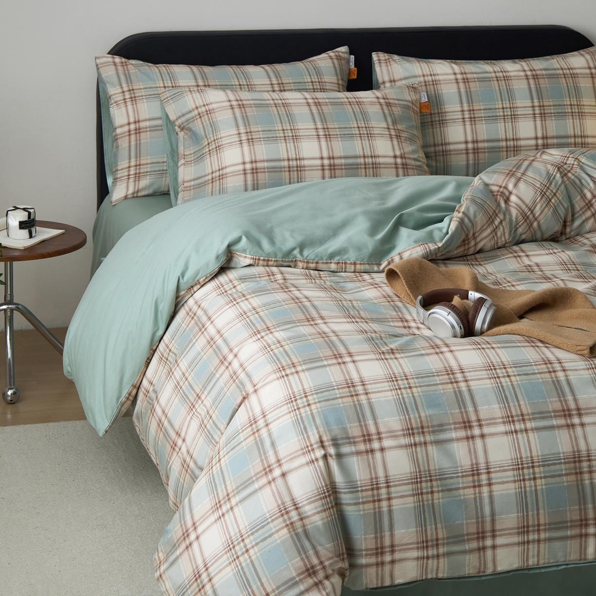 91家纺网 家纺一手货源 找家纺 女子家纺 2026新款全棉13070简约格子系列四件套 英伦-蓝咖