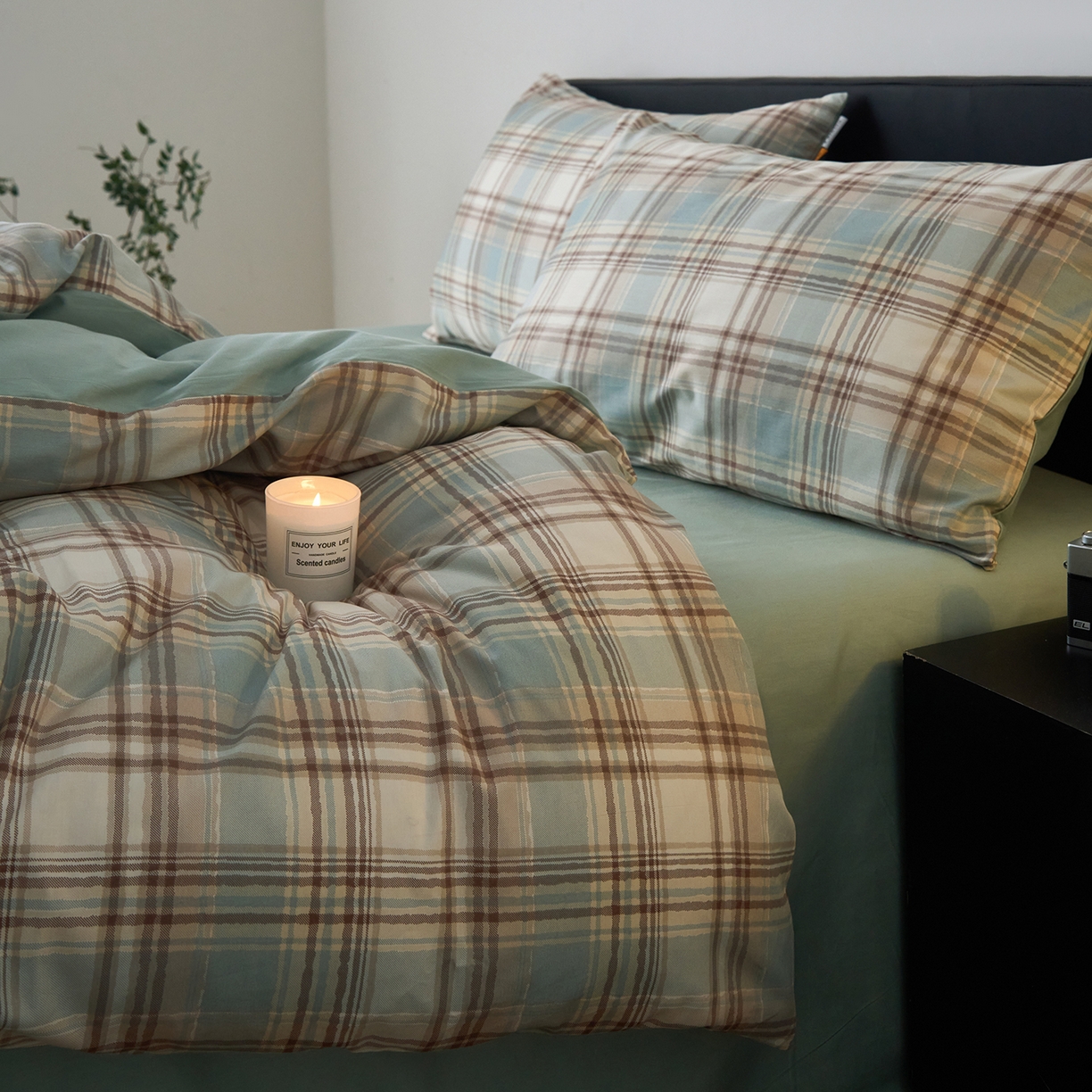 91家纺网 家纺一手货源 找家纺 女子家纺 2026新款全棉13070简约格子系列四件套 英伦-蓝咖