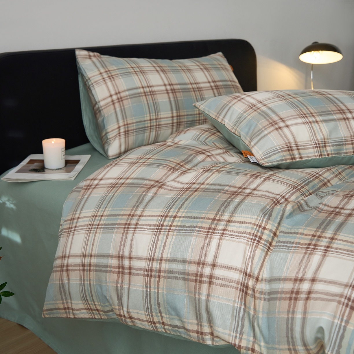 91家纺网 家纺一手货源 找家纺 女子家纺 2026新款全棉13070简约格子系列四件套 英伦-蓝咖