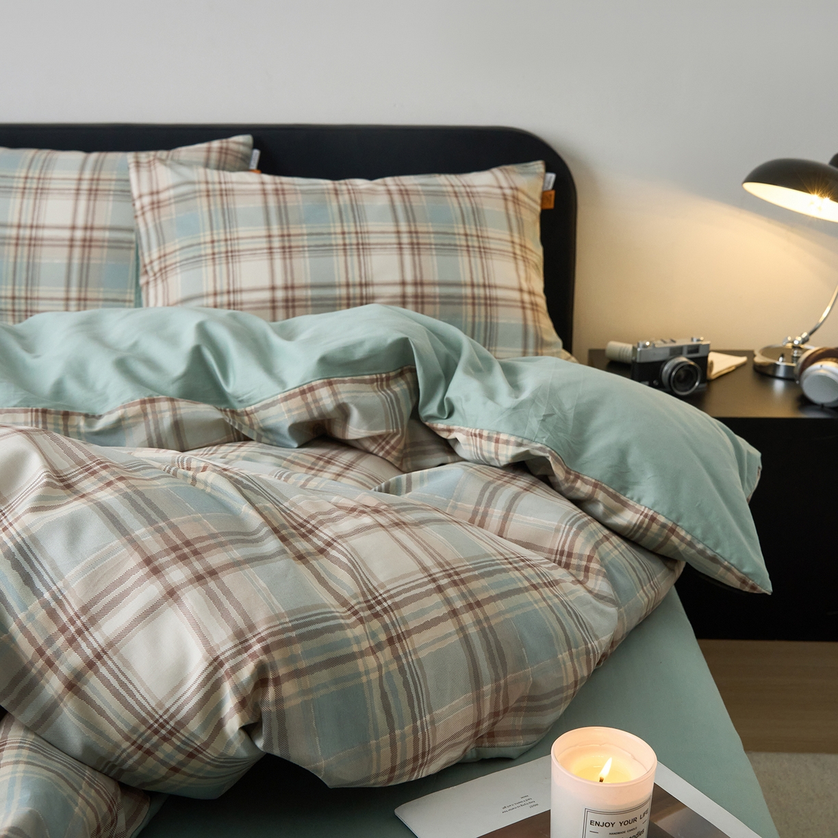 91家纺网 家纺一手货源 找家纺 女子家纺 2026新款全棉13070简约格子系列四件套 英伦-蓝咖