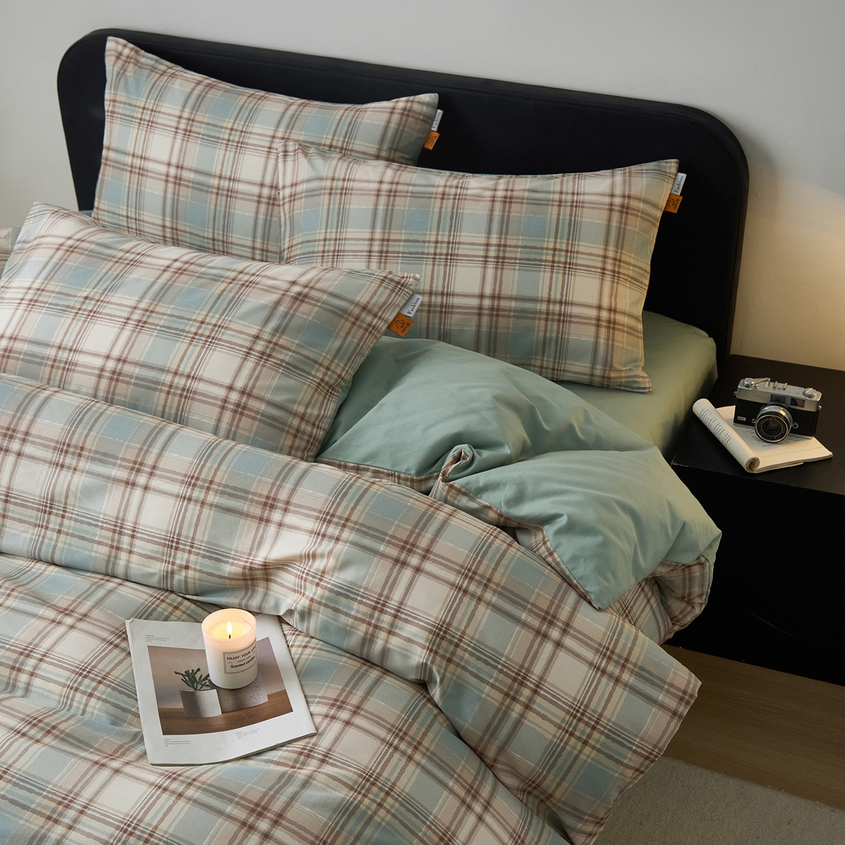 91家纺网 家纺一手货源 找家纺 女子家纺 2026新款全棉13070简约格子系列四件套 英伦-蓝咖