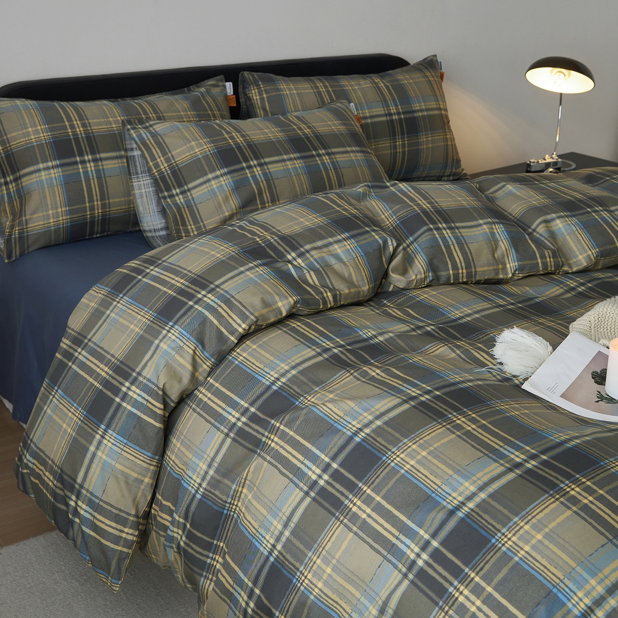 91家纺网 家纺一手货源 找家纺 女子家纺 2026新款全棉13070简约格子系列四件套 英伦-青澜