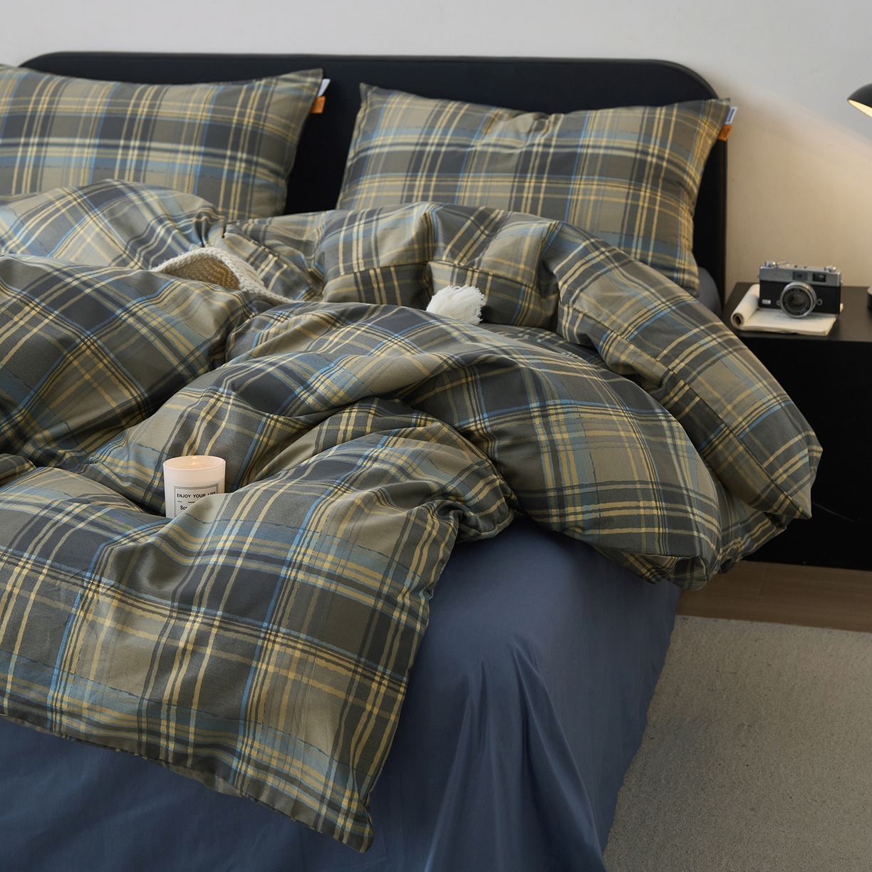 91家纺网 家纺一手货源 找家纺 女子家纺 2026新款全棉13070简约格子系列四件套 英伦-青澜