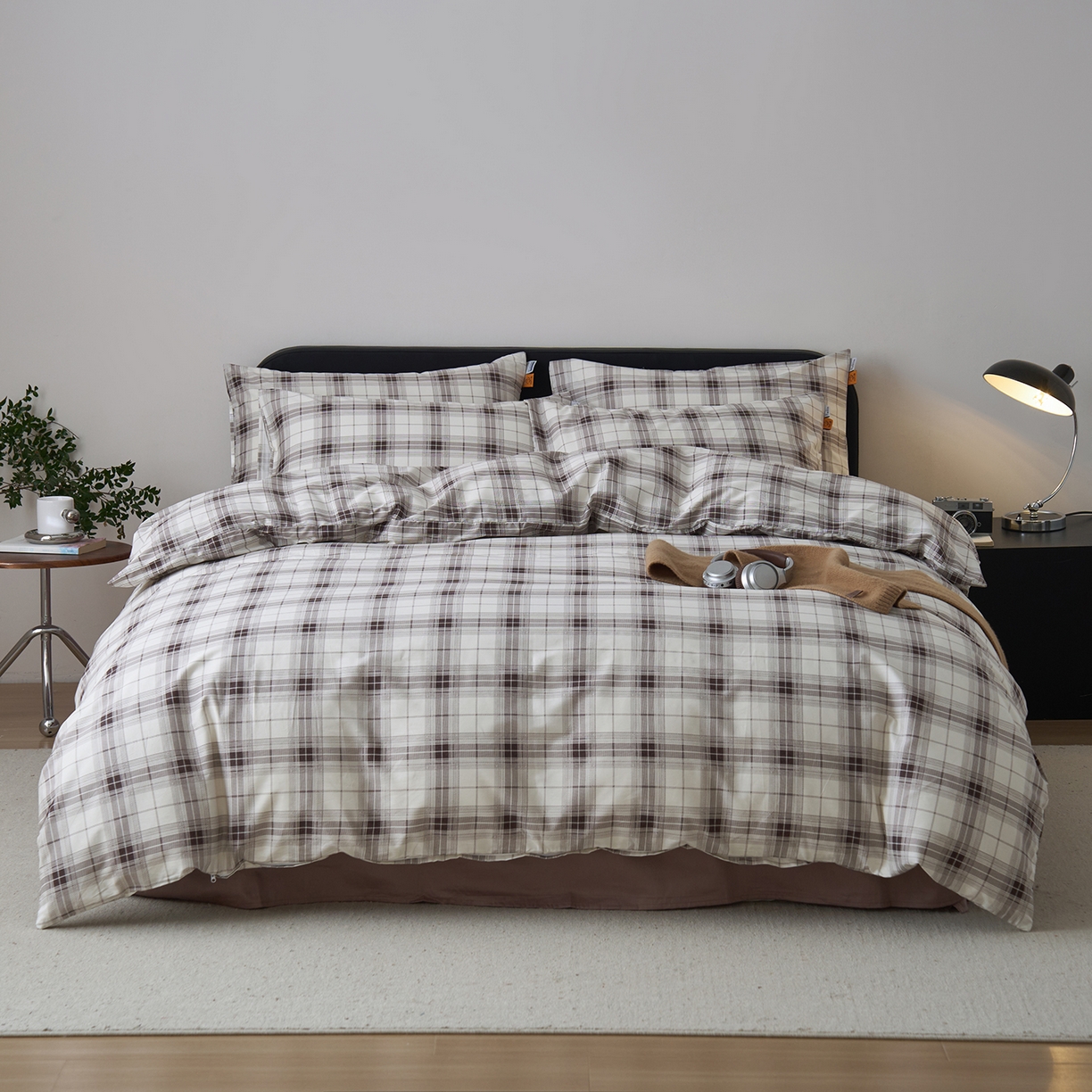 91家纺网 家纺一手货源 找家纺 女子家纺 2026新款全棉13070简约格子系列四件套 英伦-棕咖