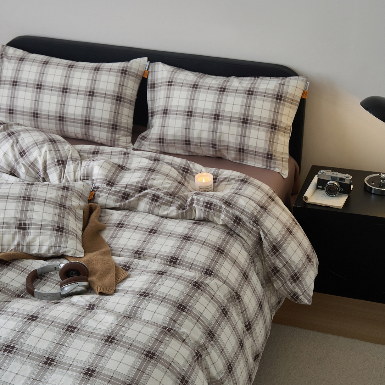 91家纺网 家纺一手货源 找家纺 女子家纺 2026新款全棉13070简约格子系列四件套 英伦-棕咖