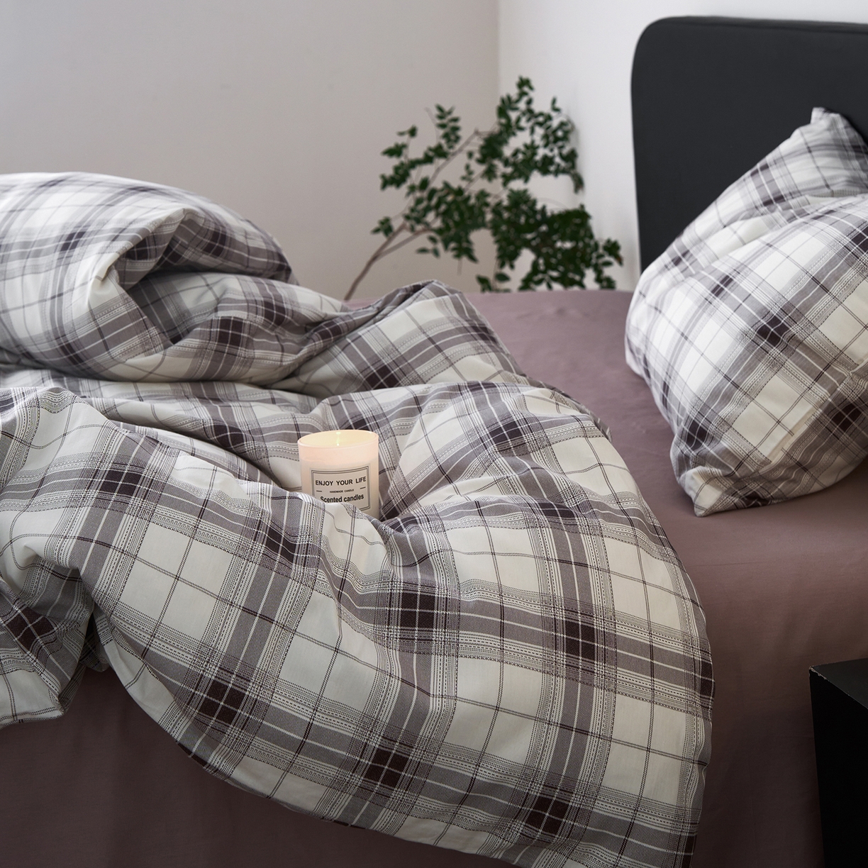 91家纺网 家纺一手货源 找家纺 女子家纺 2026新款全棉13070简约格子系列四件套 英伦-棕咖