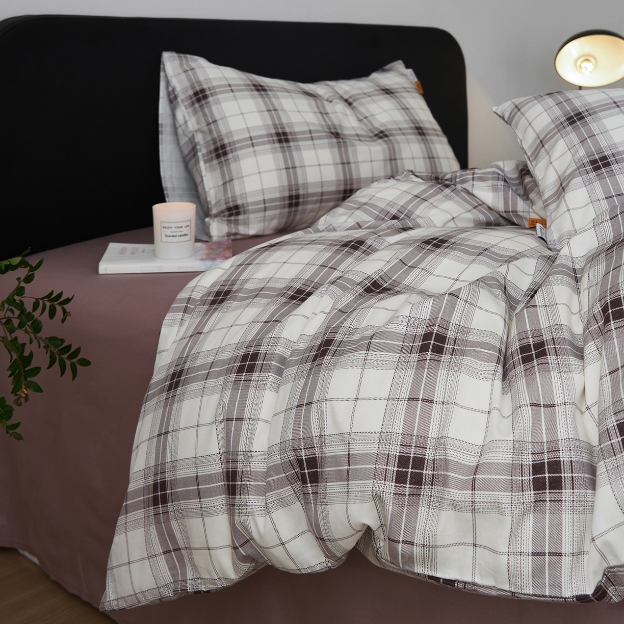 91家纺网 家纺一手货源 找家纺 女子家纺 2026新款全棉13070简约格子系列四件套 英伦-棕咖