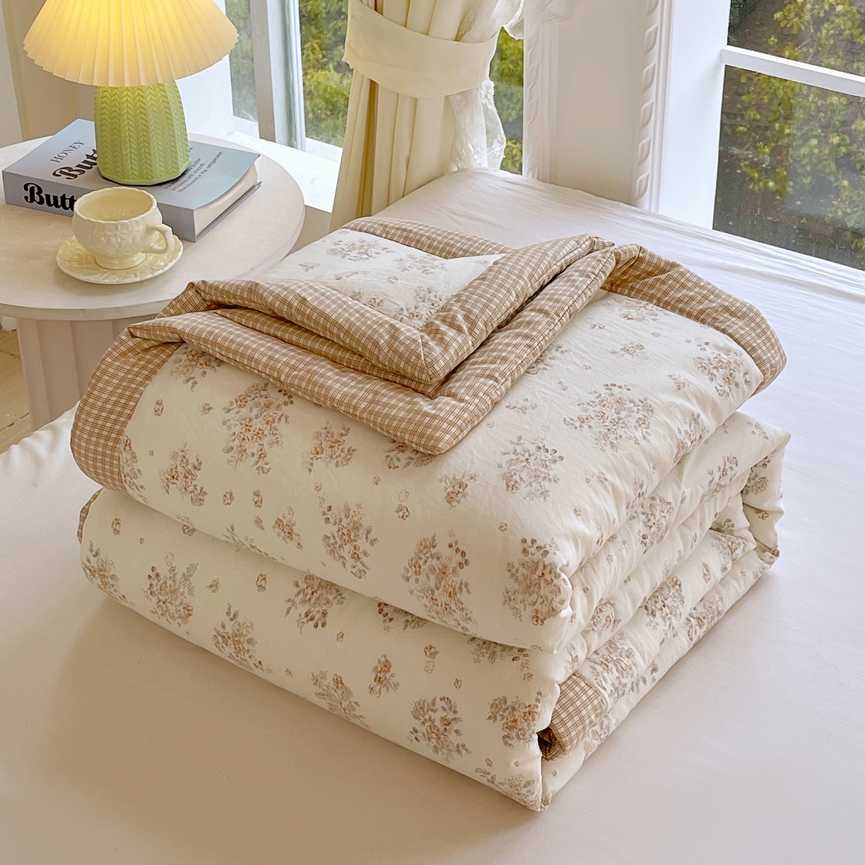 宝士康家纺 2026新款抗菌亲肤棉田园碎花格子单夏被/夏被四件套 暖咖田园