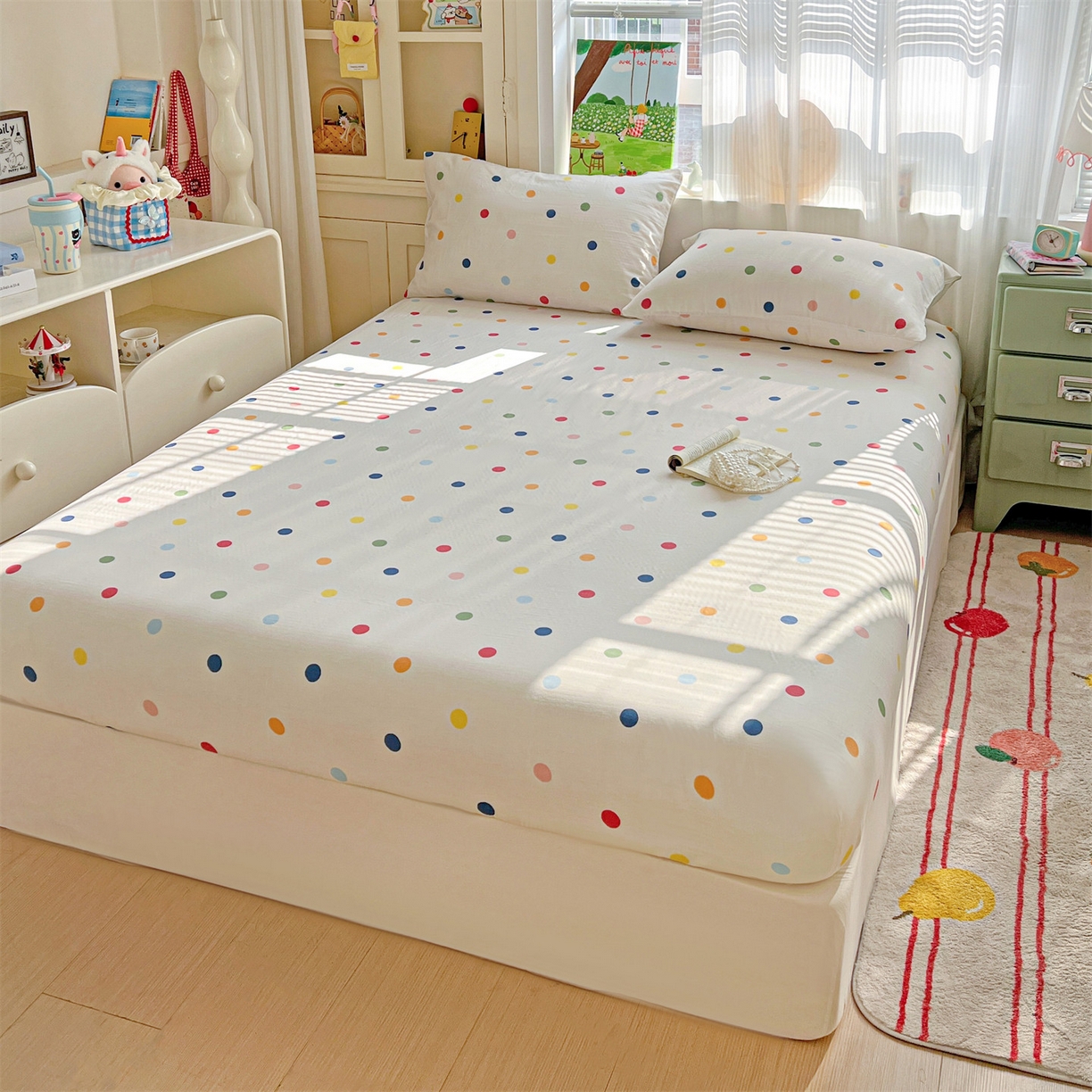 91家纺网 家纺一手货源 找家纺 名兮家居 2026新款全棉纯棉A类卡通时尚风双层纱床笠单品床笠床笠单件 双层纱-彩色波点