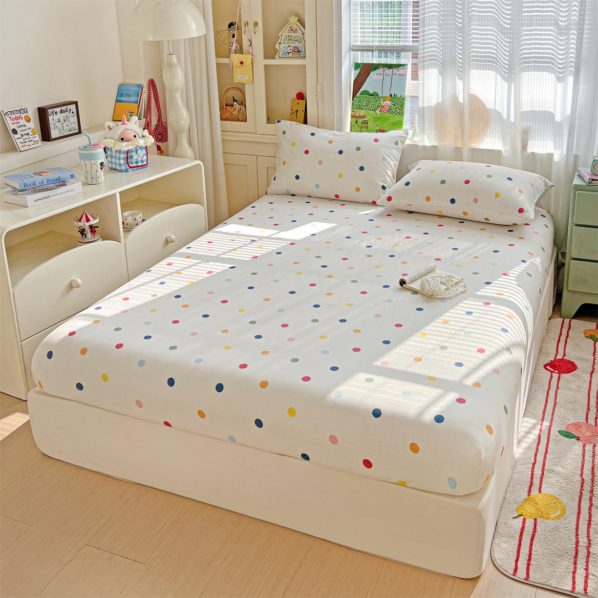 91家纺网 家纺一手货源 找家纺 名兮家居 2026新款全棉纯棉A类卡通时尚风双层纱床笠单品床笠床笠单件 双层纱-彩色波点