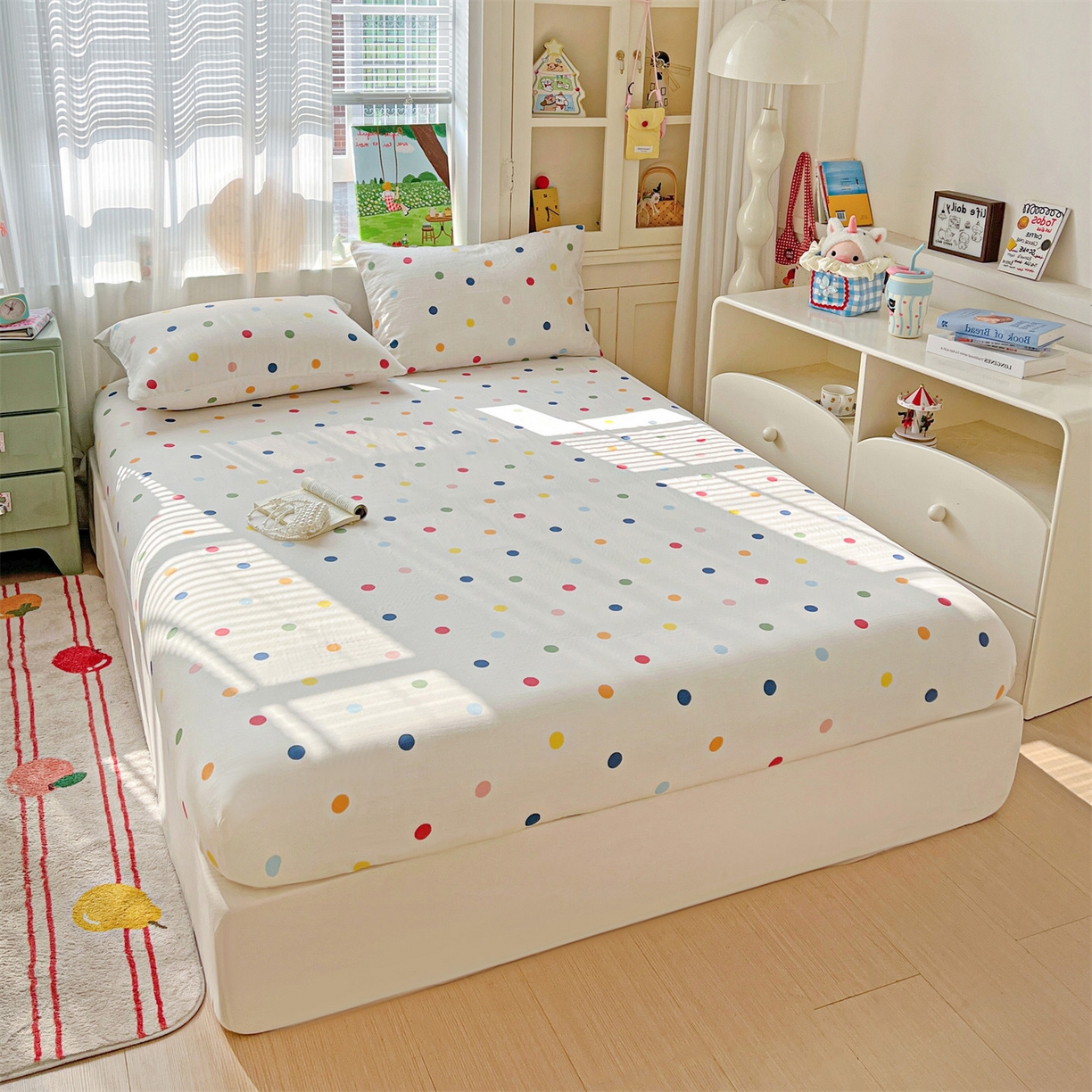 91家纺网 家纺一手货源 找家纺 名兮家居 2026新款全棉纯棉A类卡通时尚风双层纱床笠单品床笠床笠单件 双层纱-彩色波点