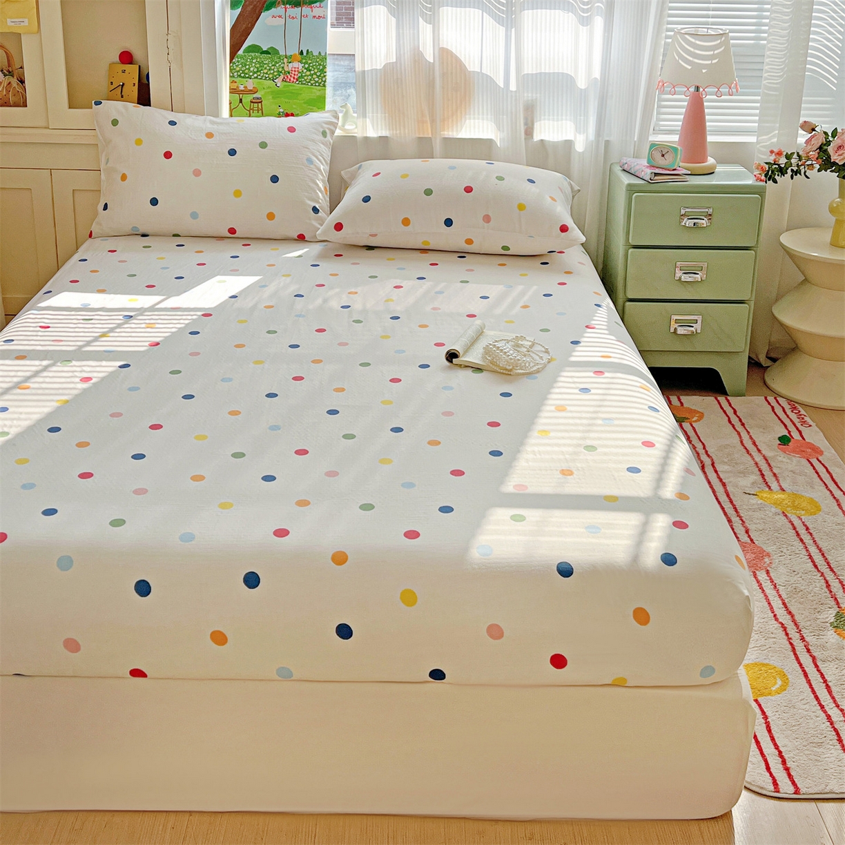 91家纺网 家纺一手货源 找家纺 名兮家居 2026新款全棉纯棉A类卡通时尚风双层纱床笠单品床笠床笠单件 双层纱-彩色波点