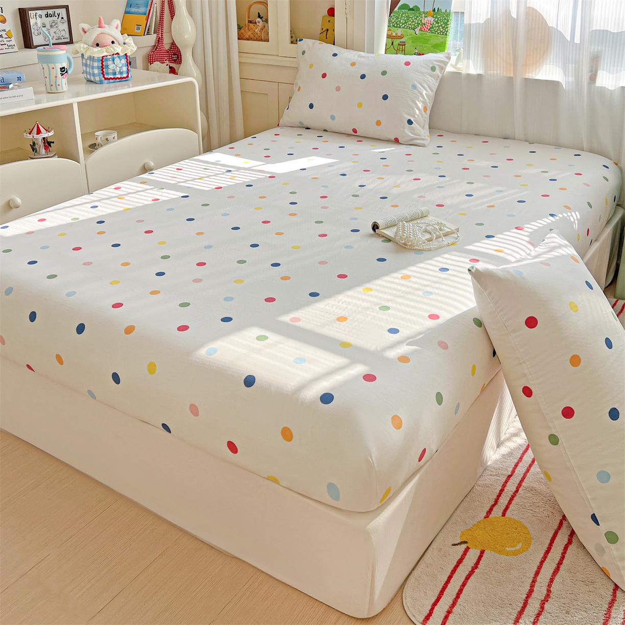 91家纺网 家纺一手货源 找家纺 名兮家居 2026新款全棉纯棉A类卡通时尚风双层纱床笠单品床笠床笠单件 双层纱-彩色波点