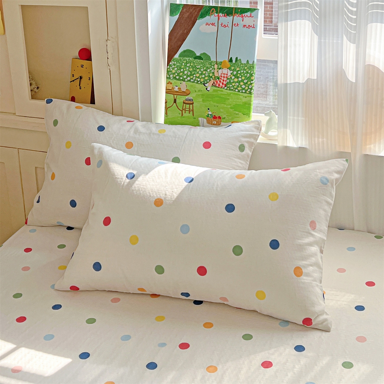 91家纺网 家纺一手货源 找家纺 名兮家居 2026新款全棉纯棉A类卡通时尚风双层纱床笠单品床笠床笠单件 双层纱-彩色波点