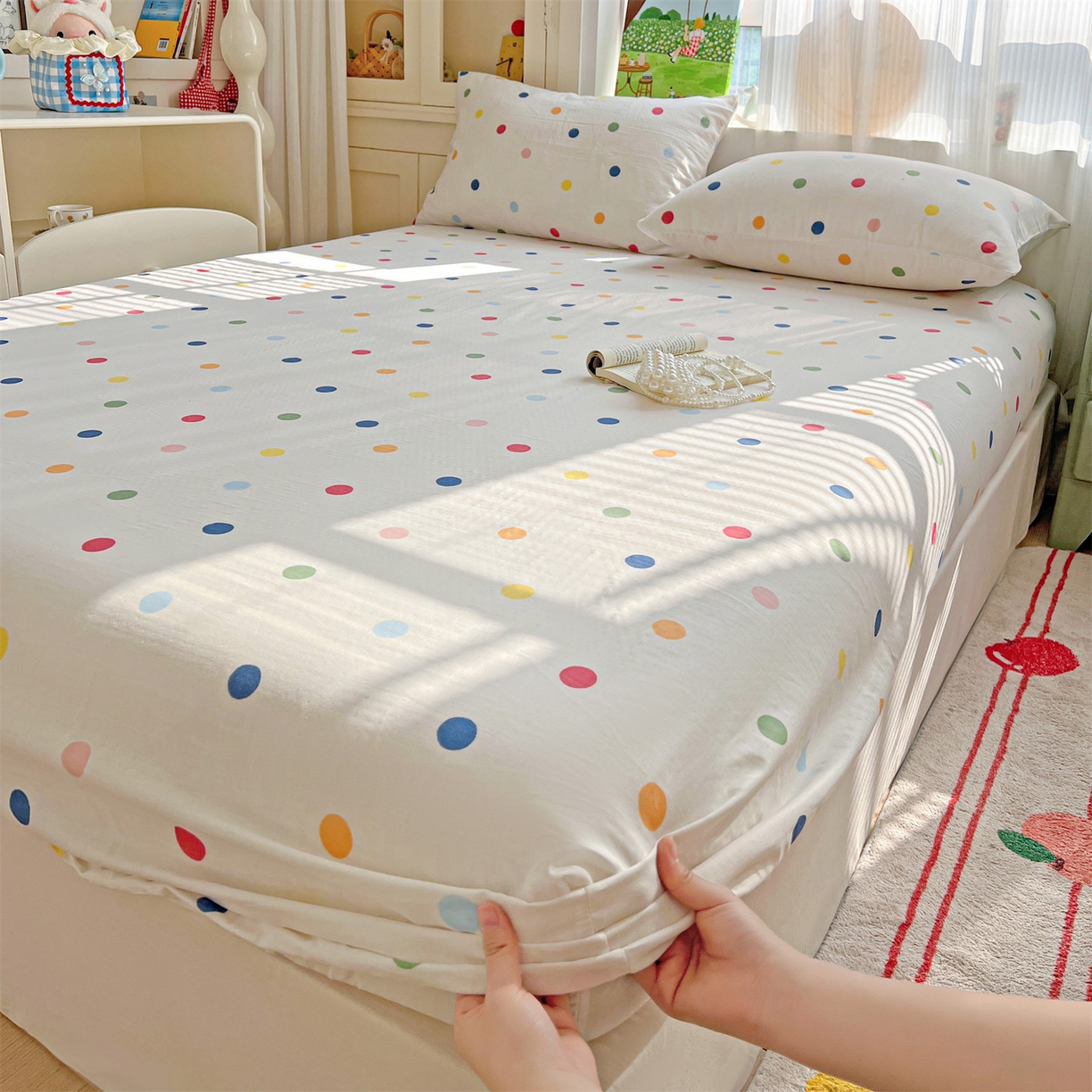 91家纺网 家纺一手货源 找家纺 名兮家居 2026新款全棉纯棉A类卡通时尚风双层纱床笠单品床笠床笠单件 双层纱-彩色波点