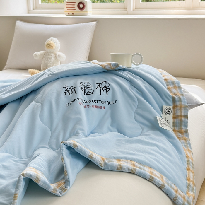 91家纺网 家纺一手货源 找家纺 蓝雀翎 2026新款水洗棉100%棉花夏被夏凉被空调被包检测 天蓝色