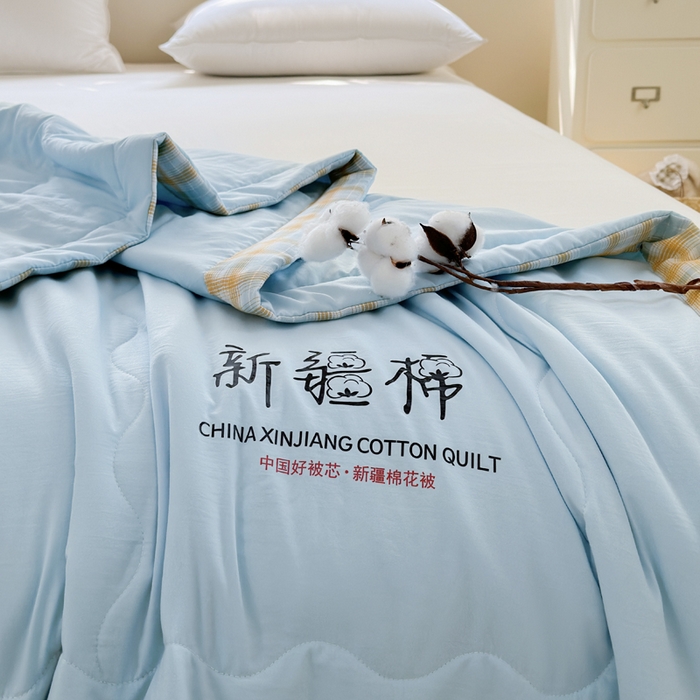 91家纺网 家纺一手货源 找家纺 蓝雀翎 2026新款水洗棉100%棉花夏被夏凉被空调被包检测 天蓝色