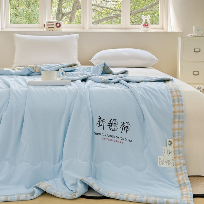 91家纺网 家纺一手货源 找家纺 蓝雀翎 2026新款水洗棉100%棉花夏被夏凉被空调被包检测 天蓝色