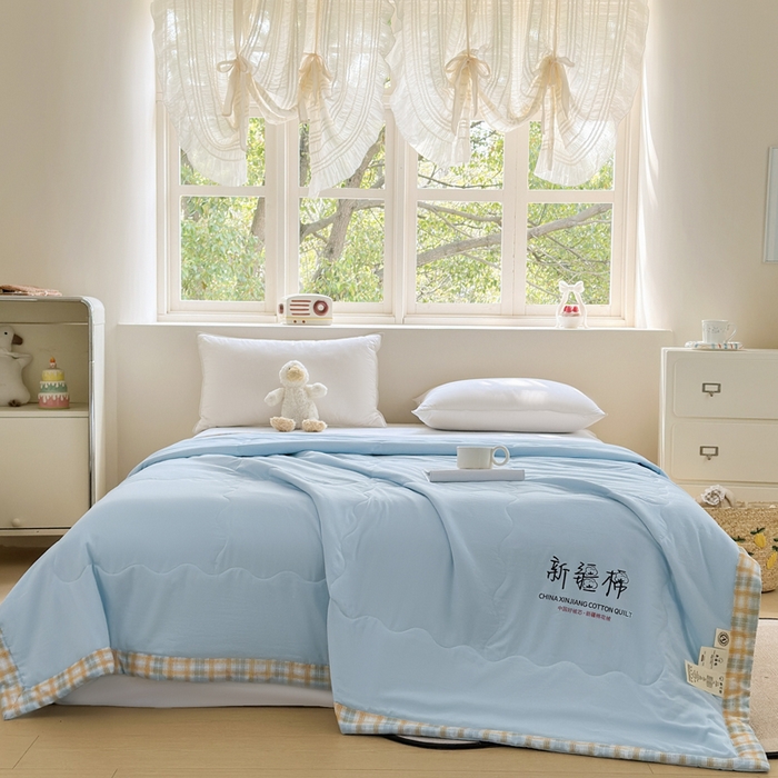 91家纺网 家纺一手货源 找家纺 蓝雀翎 2026新款水洗棉100%棉花夏被夏凉被空调被包检测 天蓝色