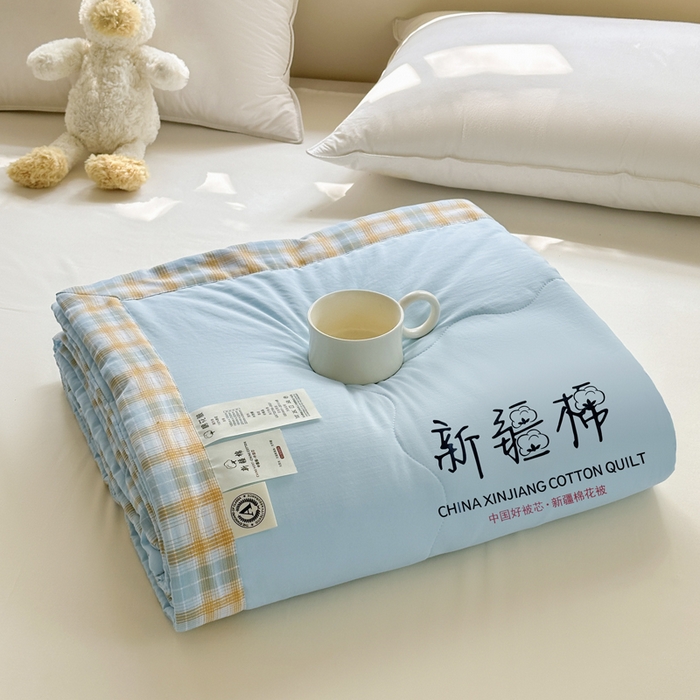 91家纺网 家纺一手货源 找家纺 蓝雀翎 2026新款水洗棉100%棉花夏被夏凉被空调被包检测 天蓝色