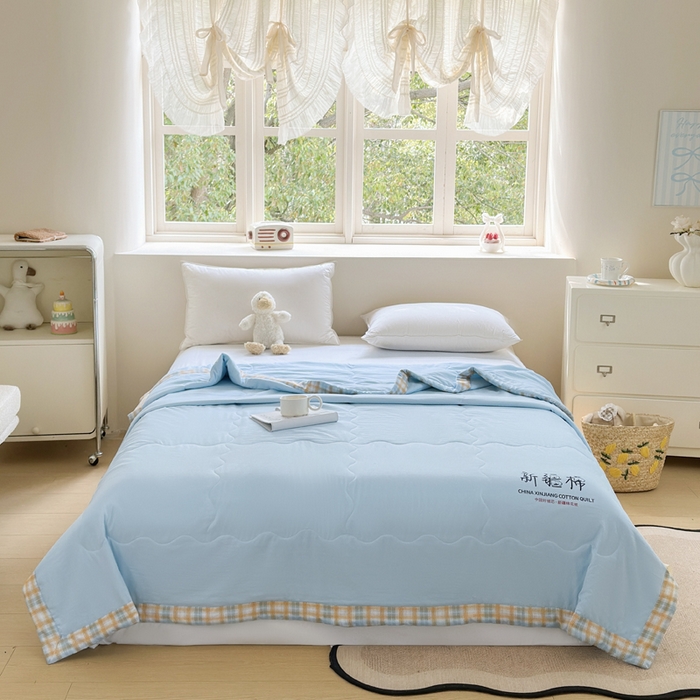 91家纺网 家纺一手货源 找家纺 蓝雀翎 2026新款水洗棉100%棉花夏被夏凉被空调被包检测 天蓝色