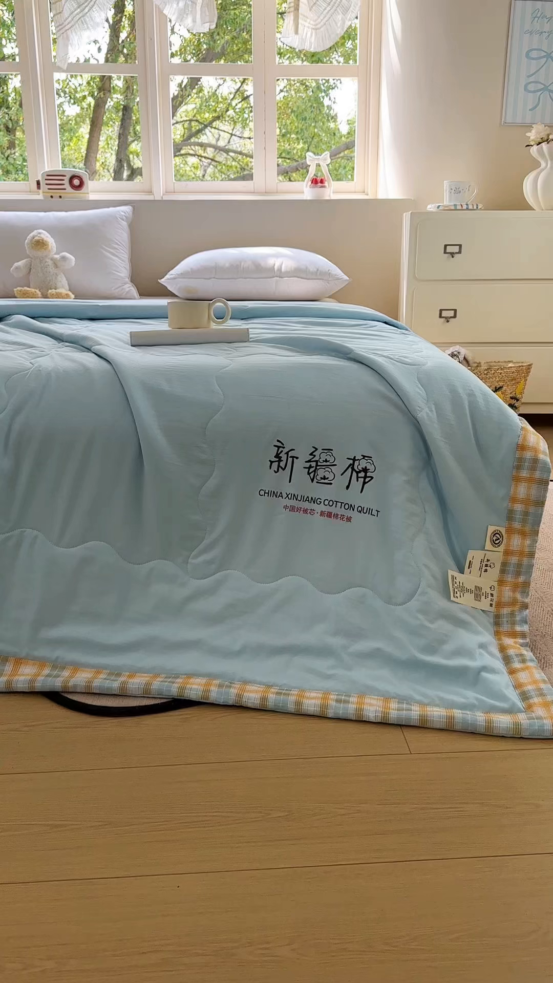91家纺网 家纺一手货源 找家纺 蓝雀翎 2026新款水洗棉100%棉花夏被夏凉被空调被包检测 天蓝色