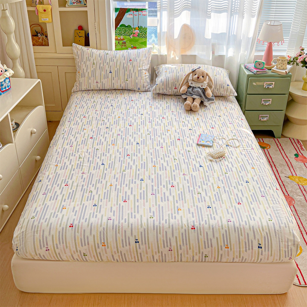 91家纺网 家纺一手货源 找家纺 名兮家居 2026新款全棉纯棉A类卡通时尚风双层纱床笠单品床笠床笠单件 双层纱-彩条樱桃