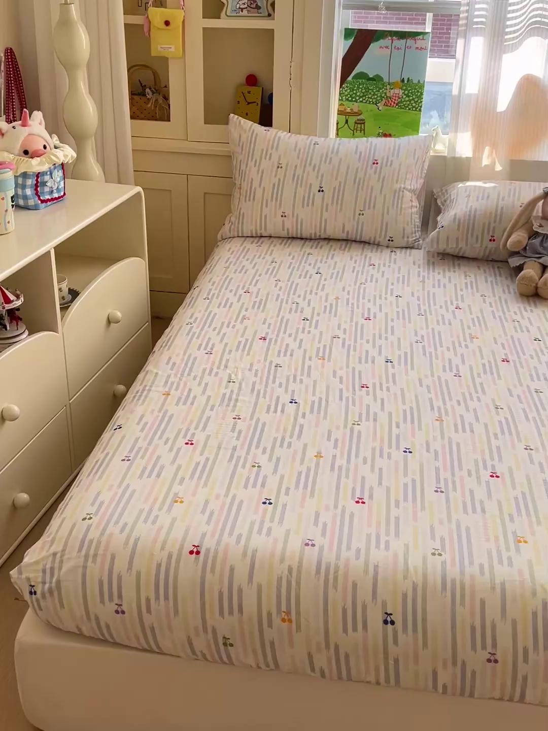 91家纺网 家纺一手货源 找家纺 名兮家居 2026新款全棉纯棉A类卡通时尚风双层纱床笠单品床笠床笠单件 双层纱-彩条樱桃