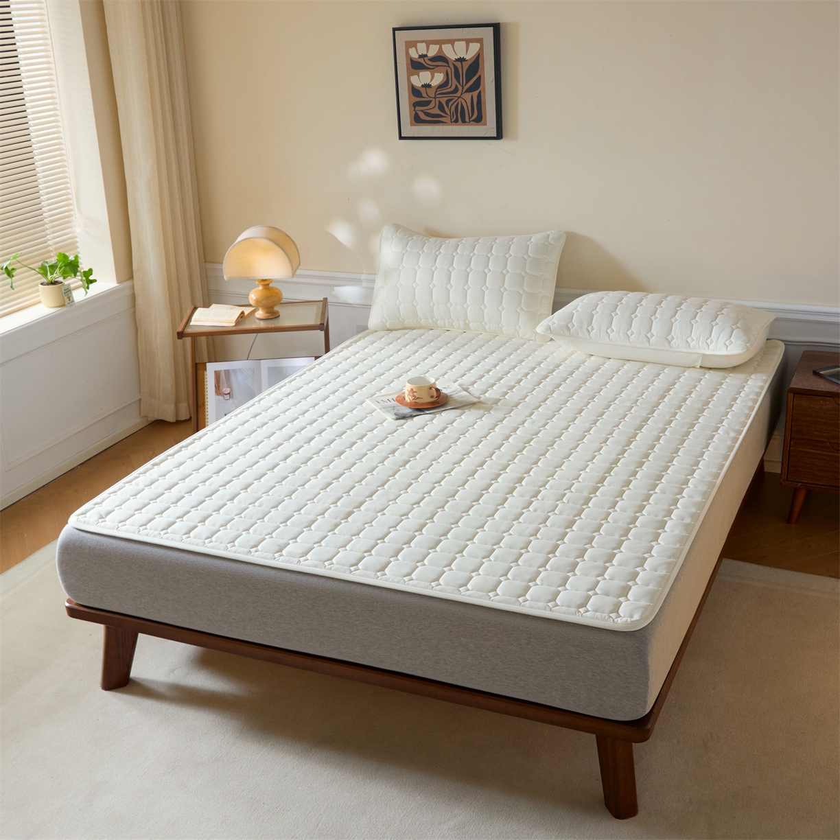 91家纺网 家纺一手货源 找家纺 居眠 2026新款防水防滑夹棉床护垫-星格 星格-白