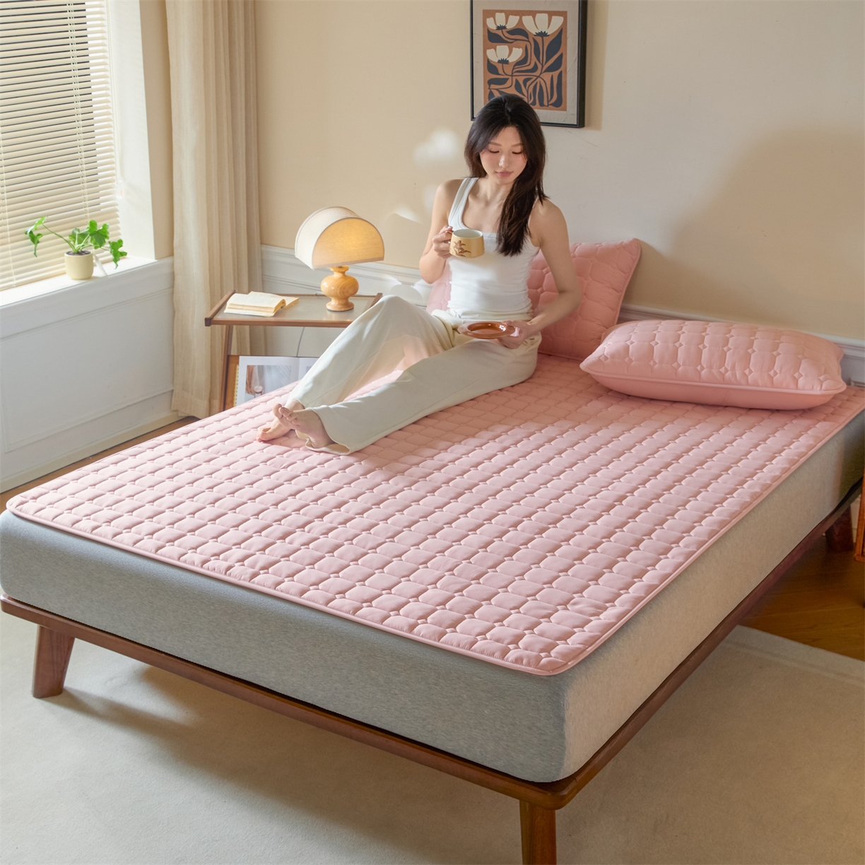 91家纺网 家纺一手货源 找家纺 居眠 2026新款防水防滑夹棉床护垫-星格 星格-粉
