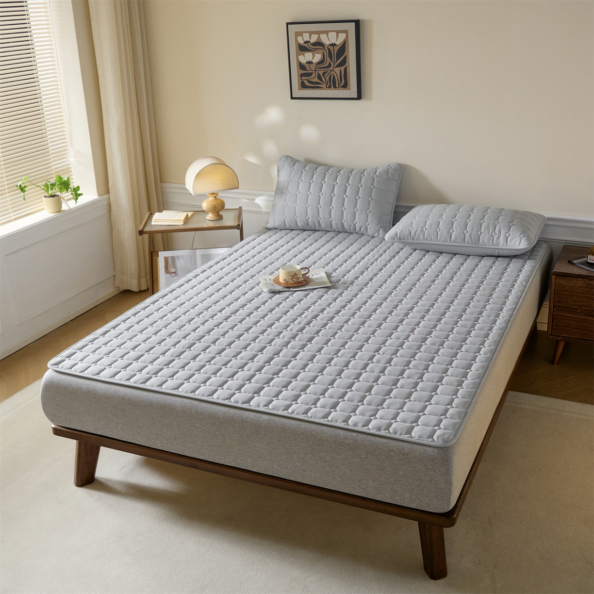 91家纺网 家纺一手货源 找家纺 居眠 2026新款防水防滑夹棉床护垫-星格 星格-灰