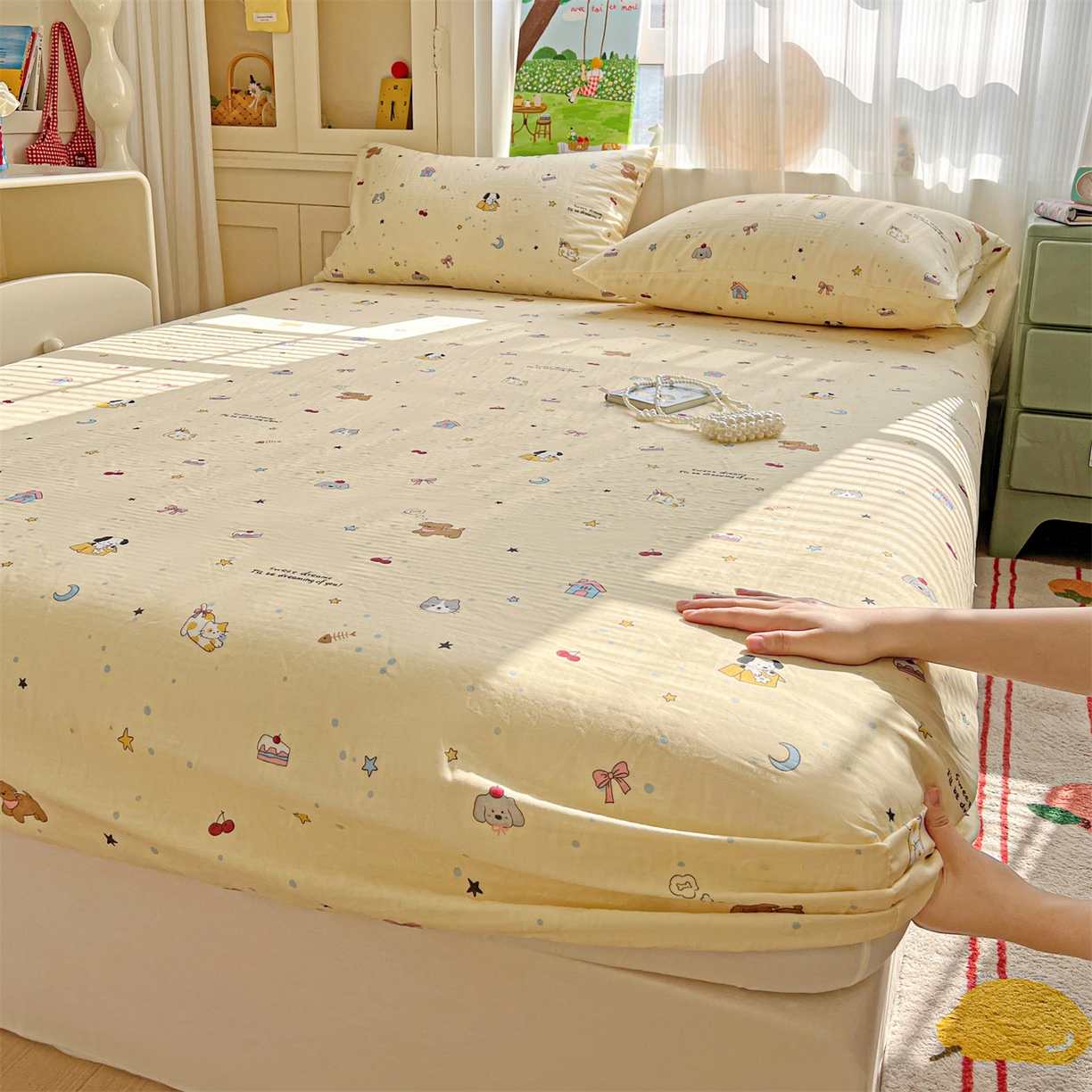 名兮家居 2026新款全棉纯棉A类卡通时尚风双层纱床笠单品床笠床笠单件 双层纱-狗狗幻想