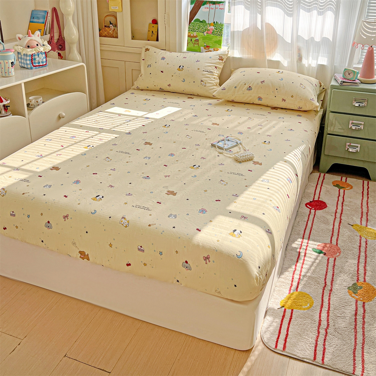 91家纺网 家纺一手货源 找家纺 名兮家居 2026新款全棉纯棉A类卡通时尚风双层纱床笠单品床笠床笠单件 双层纱-狗狗幻想