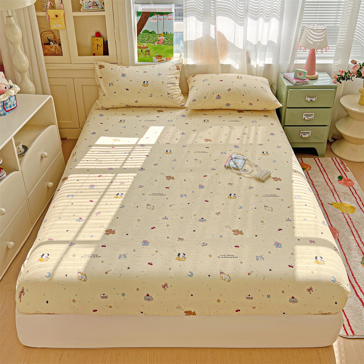 91家纺网 家纺一手货源 找家纺 名兮家居 2026新款全棉纯棉A类卡通时尚风双层纱床笠单品床笠床笠单件 双层纱-狗狗幻想