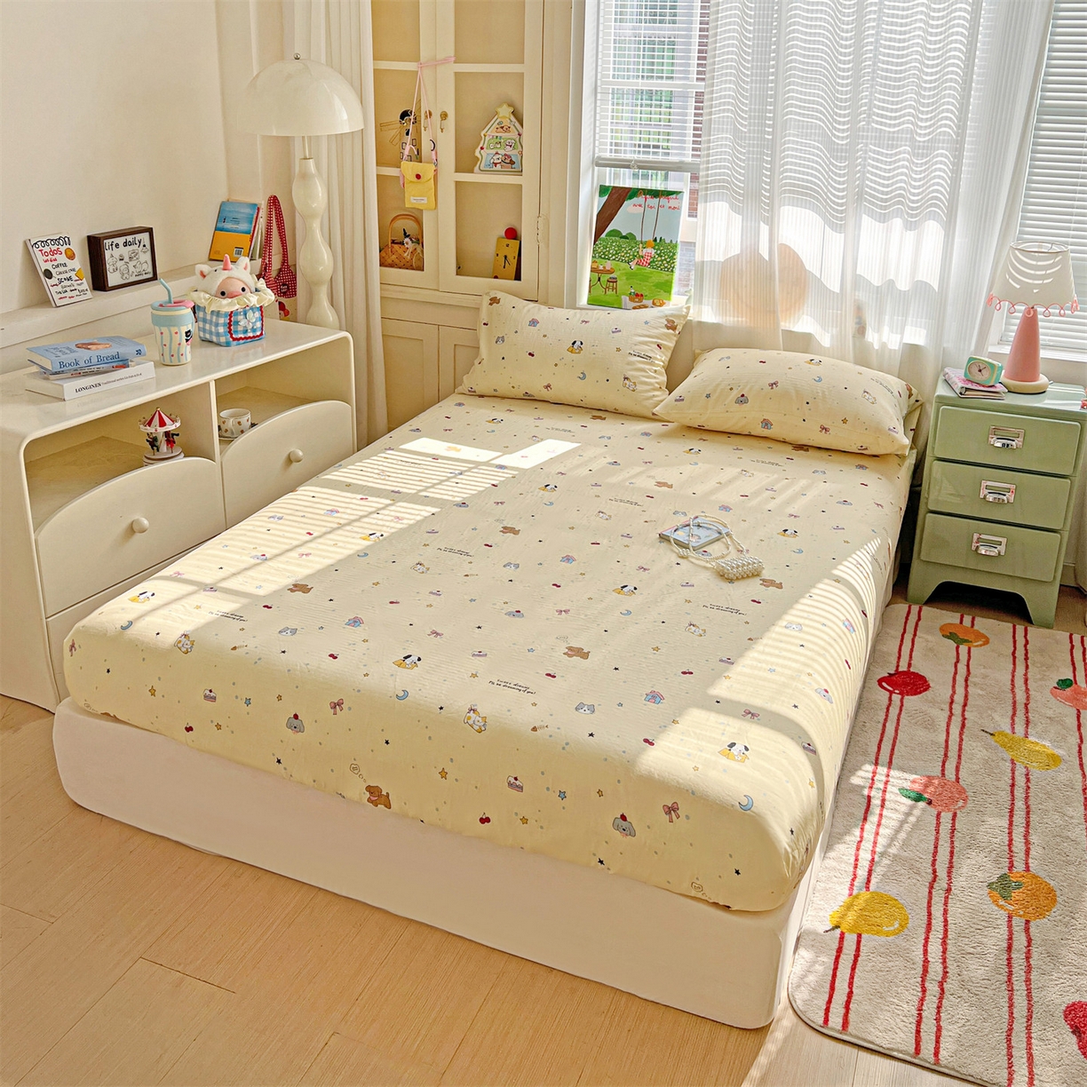 91家纺网 家纺一手货源 找家纺 名兮家居 2026新款全棉纯棉A类卡通时尚风双层纱床笠单品床笠床笠单件 双层纱-狗狗幻想