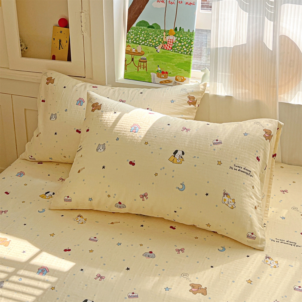 91家纺网 家纺一手货源 找家纺 名兮家居 2026新款全棉纯棉A类卡通时尚风双层纱床笠单品床笠床笠单件 双层纱-狗狗幻想