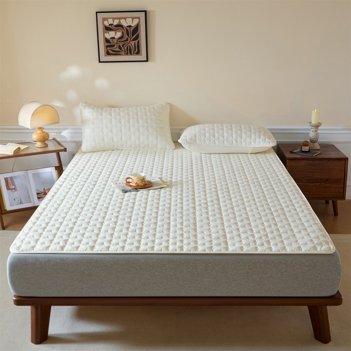 91家纺网 家纺一手货源 找家纺 （总）居眠 2026新款防水防滑夹棉床护垫-花叶