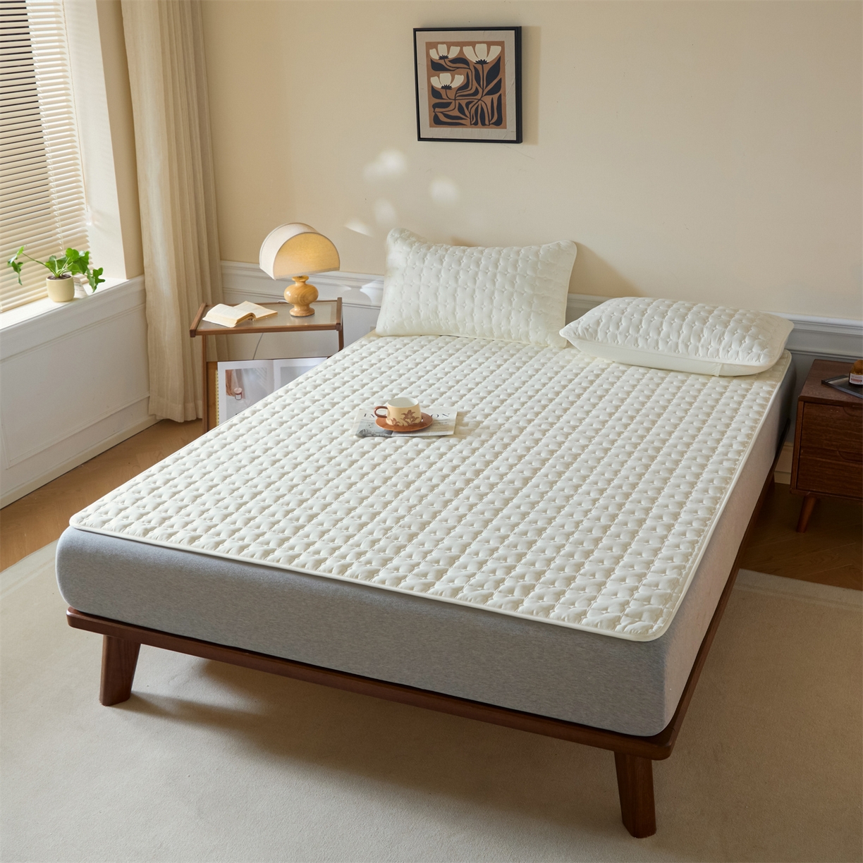 91家纺网 家纺一手货源 找家纺 （总）居眠 2026新款防水防滑夹棉床护垫-花叶