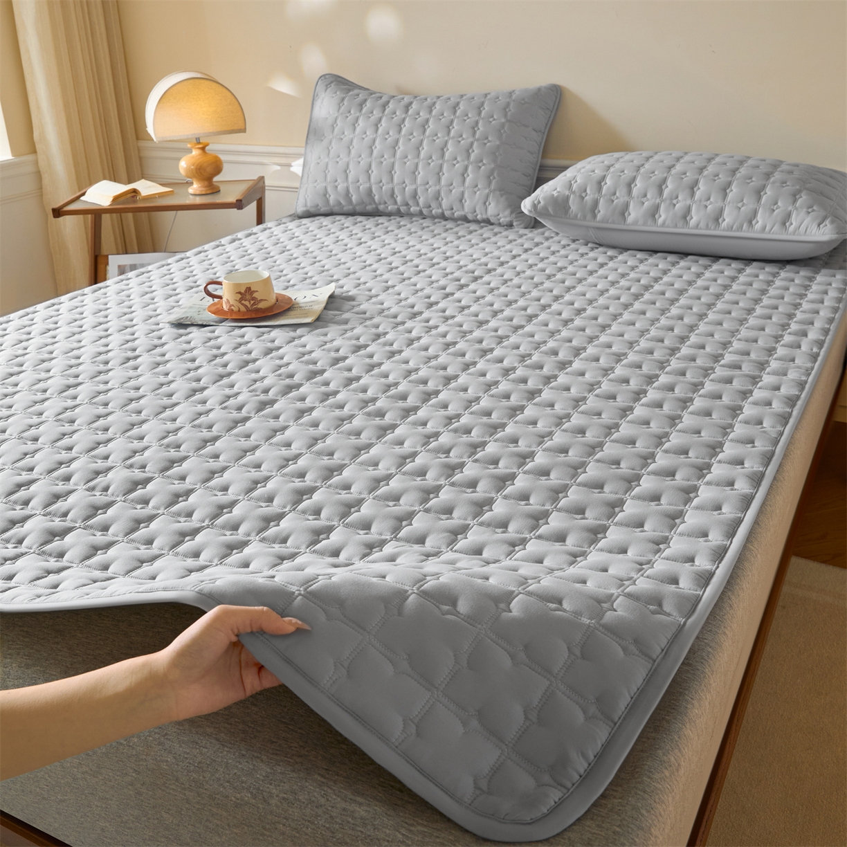 居眠 2026新款防水防滑夹棉床护垫-花叶 花叶-灰