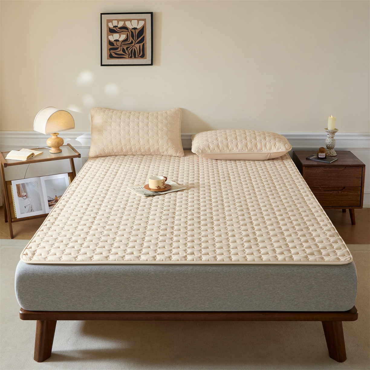 91家纺网 家纺一手货源 找家纺 居眠 2026新款防水防滑夹棉床护垫-花叶 花叶-卡