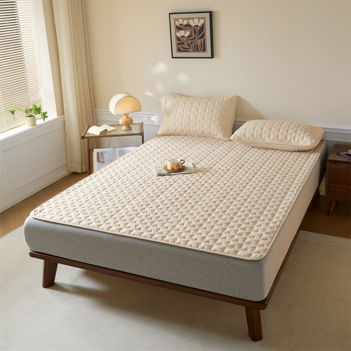 91家纺网 家纺一手货源 找家纺 居眠 2026新款防水防滑夹棉床护垫-花叶 花叶-卡