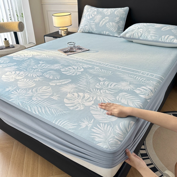 91家纺网 家纺一手货源 找家纺 可恩欣 2026新款冰丝提花软床笠单品床笠床笠单件 轻叶-蓝