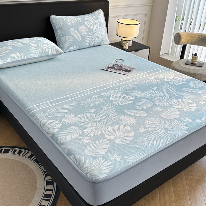 91家纺网 家纺一手货源 找家纺 可恩欣 2026新款冰丝提花软床笠单品床笠床笠单件 轻叶-蓝